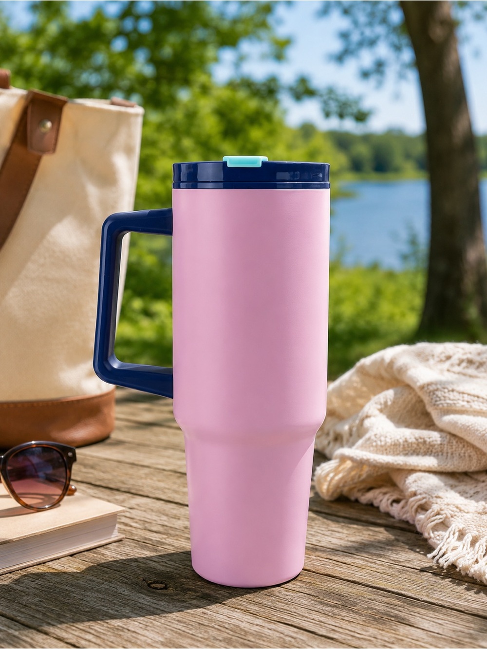 40 oz Insulated Travel Mug with Handle Rose Plum Pink